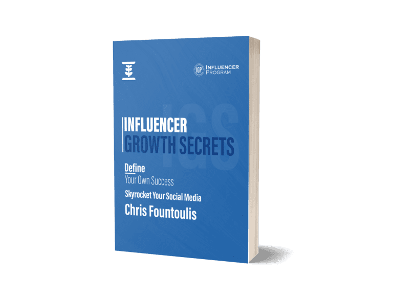 Book titled “Influencer Growth Secrets” by Chris Fountoulis, featuring a blue cover with professional branding and typography.