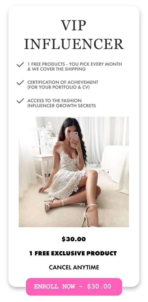 Promotional banner for the VIP Influencer membership program offering free monthly products and influencer certifications.