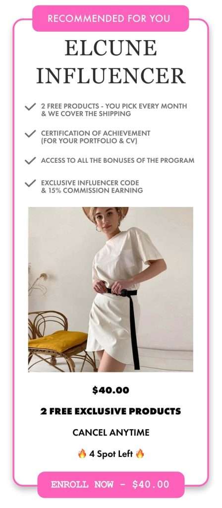 Promotional banner for the Elcune Influencer Program highlighting free products, commissions, and exclusive membership benefits.