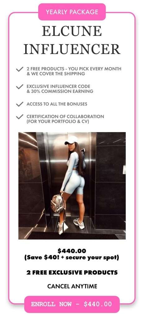 Promotional banner for the Elcune Influencer yearly package featuring membership benefits and commission rewards.