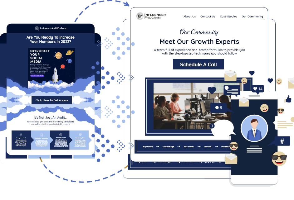 Growth Media creative layout combining influencer program website and social media growth promotional design.