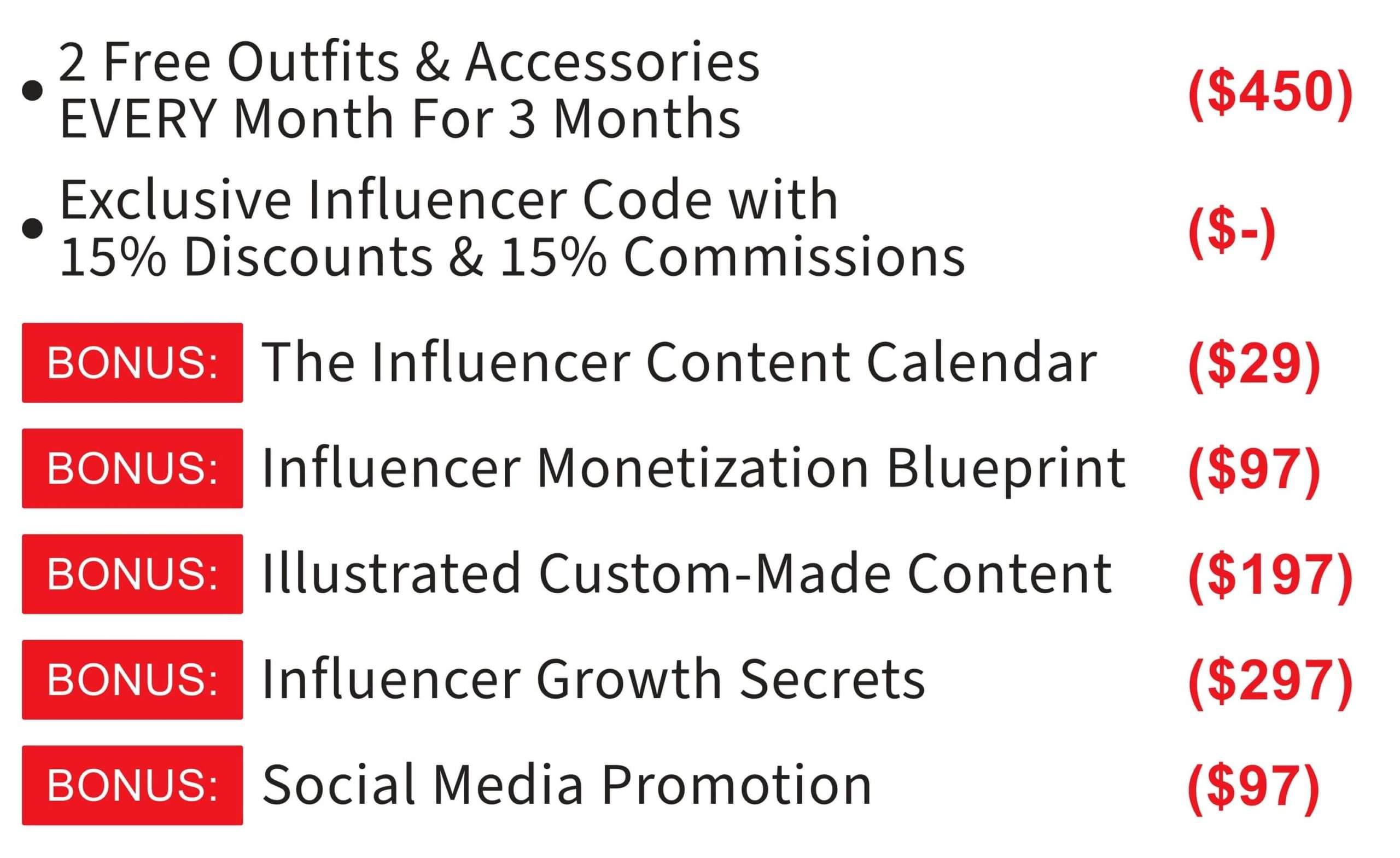 Growth Media influencer offer featuring monthly free outfits, commissions, and valuable content creation bonuses.