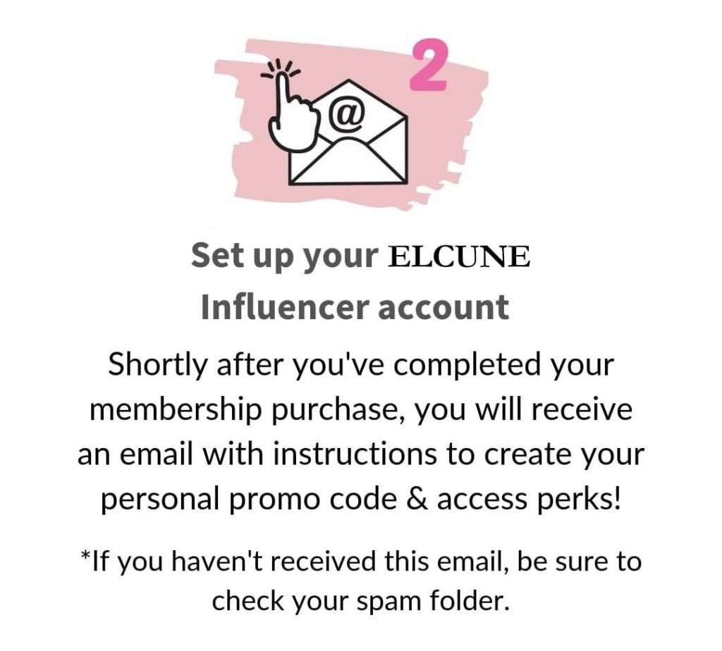 Growth Media step 2 graphic explaining how to set up an Elcune Influencer account after completing membership purchase.